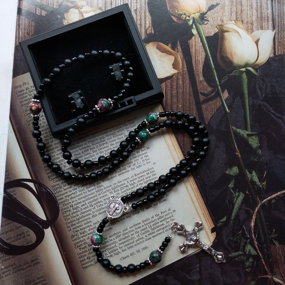 Natural Stone Black Onyx Beads Chain Prayer Chaplet Saint Benedict ...