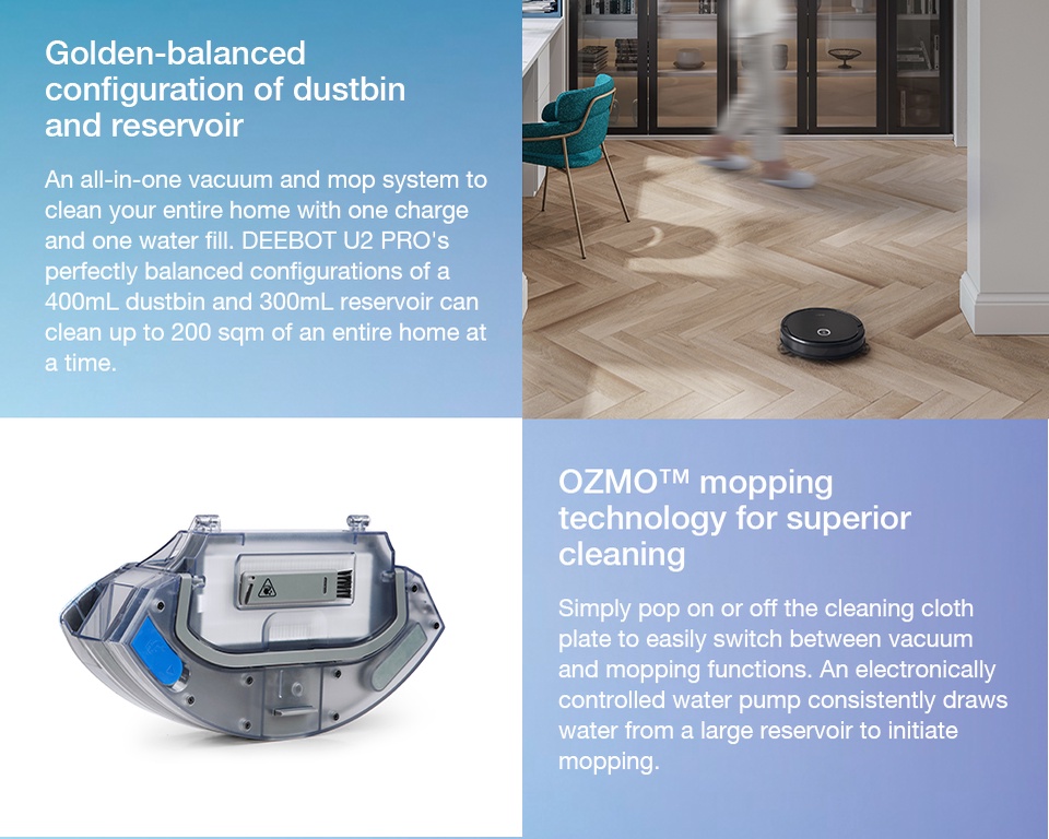 ECOVACS DEEBOT U2PRO Robot Vacuum Cleaner With Mop Best Scrubber for Pet Owners [1 Year