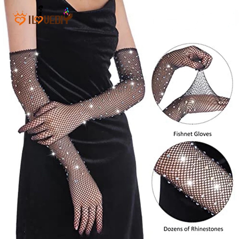 Women Hollow Rhinestones Long Gloves / Fashion Diamonds Mesh Elastic Arm Sleeves for