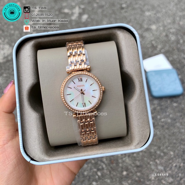 Fossil carlie mini discount three hand rose gold