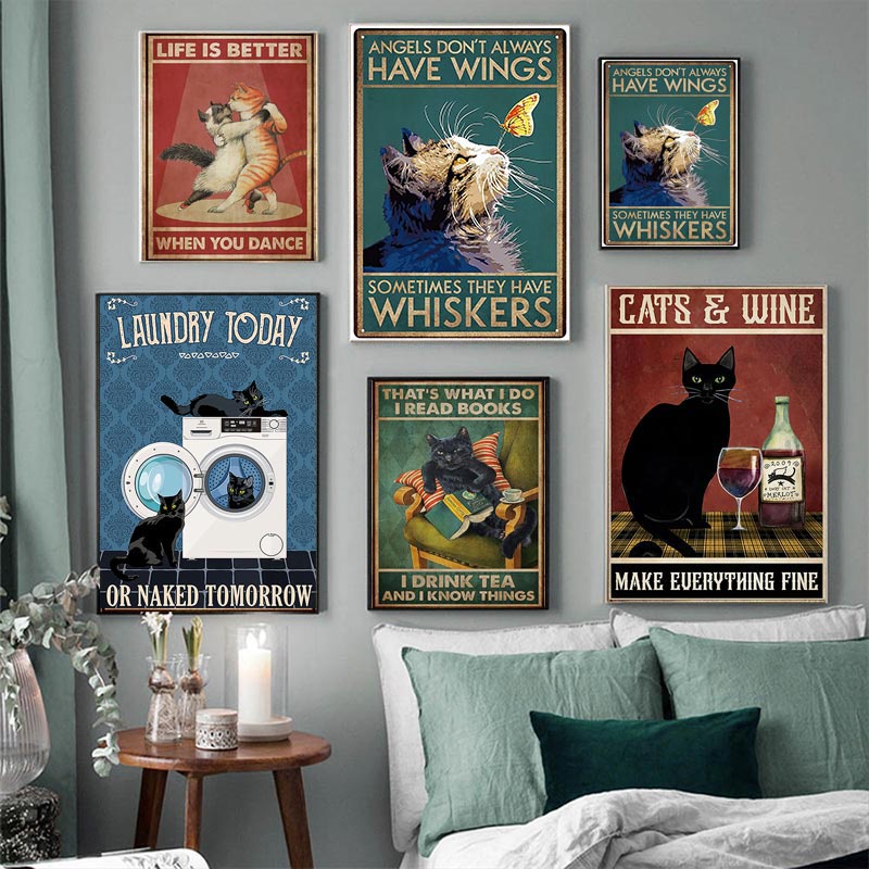 Vintage Black Cat Canvas Painting Funny Art Animal Reading Drinking ...