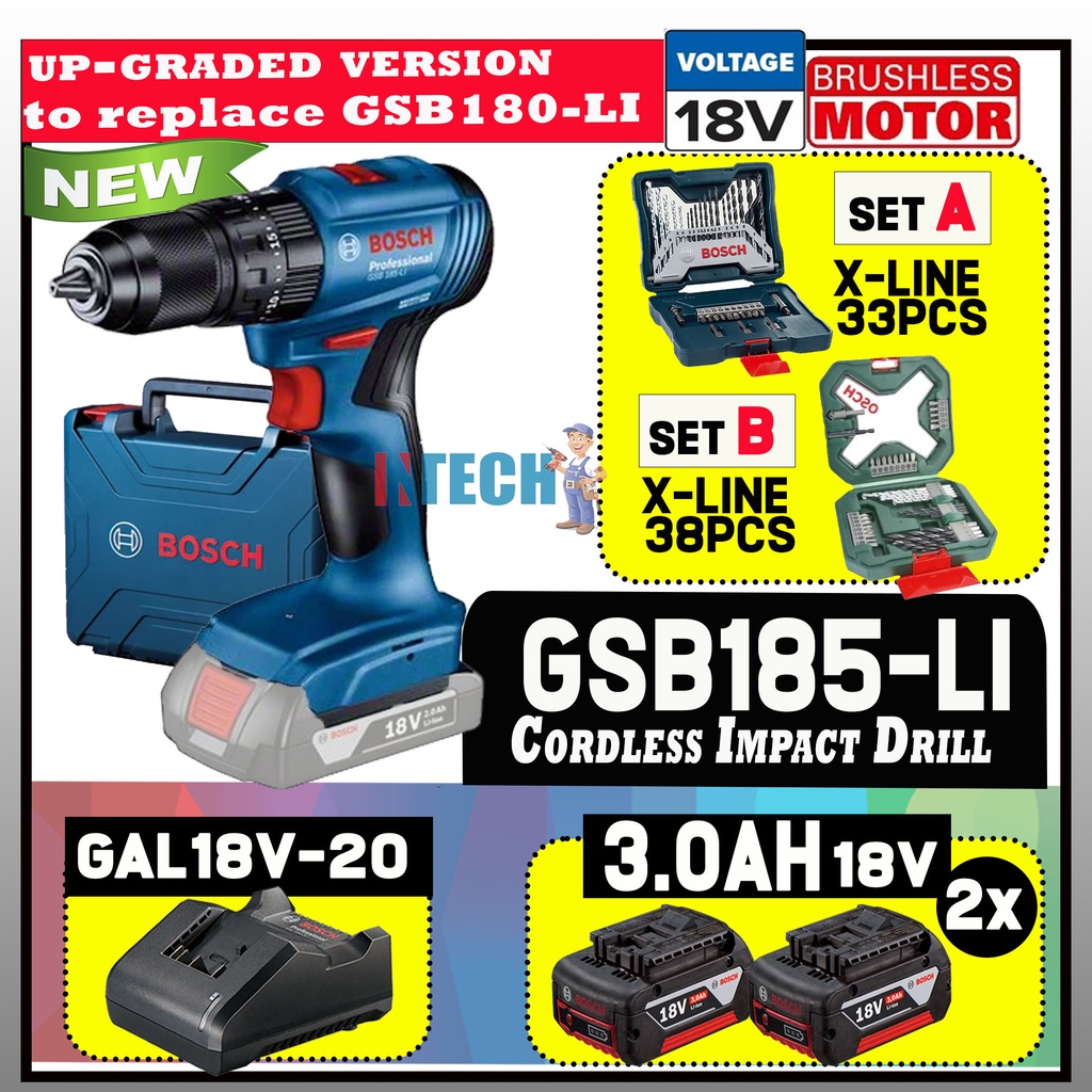 BOSCH 18V GSB185LI CORDLESS IMPACT DRILL (BM) + 2x3.0AH + GAL18V20 C