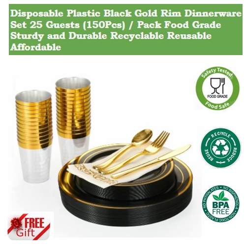 Elegant Black Plastic Dinnerware Set with Gold Rim (60Pcs/150Pcs per Box) for Parties Disposable