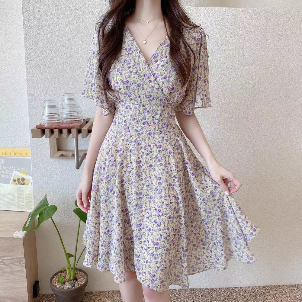 Korean style floral dress female summer new waist short-sleeved French  bellflower skirt | Shopee Malaysia