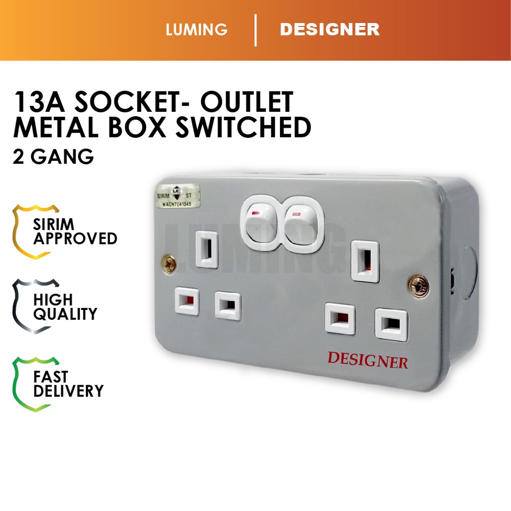 LMG_SIRIM 13A 2 Gang Switch Socket Outlet 3 Pin UK Plug Metal Box