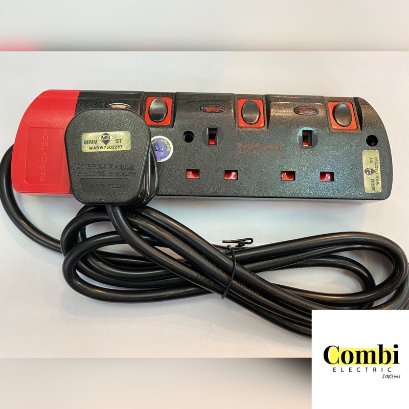 Rapid-Tech Extension Trailing Socket Black with SURGE PROTECTOR and 2 ...