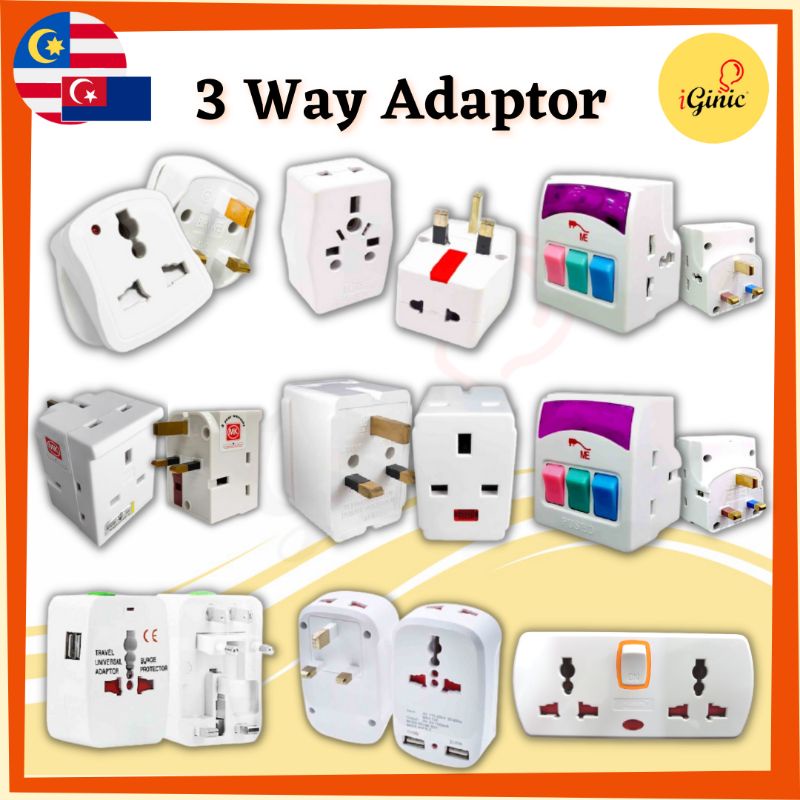 3 Way Adaptor Adapter Switch USB Socket Outlet 3 PIN Plug Extension ...