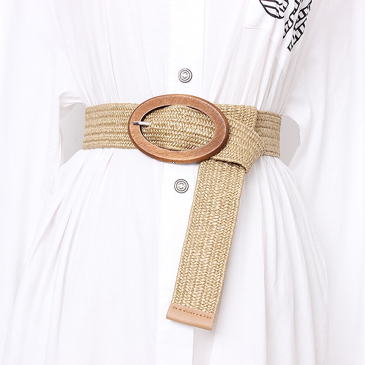 Wooden Buckle Elastic Women Grass Woven Belt for Ladies Holiday Wind ...