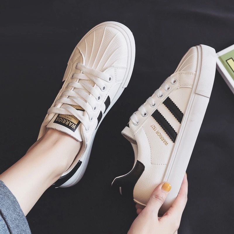 White shoes with golden stripe korean women casual sneakers PU shoe Shopee Malaysia