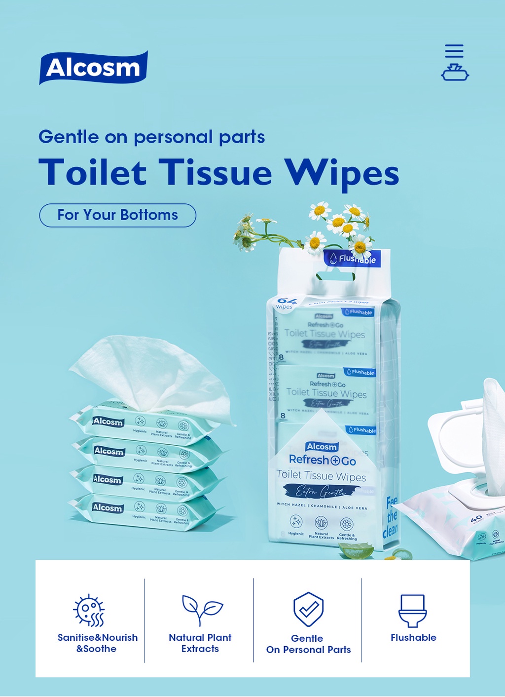 [Bundle] Alcosm Alcean Multipurposes Toilet Tissue Wet Wipes 8's / 40's