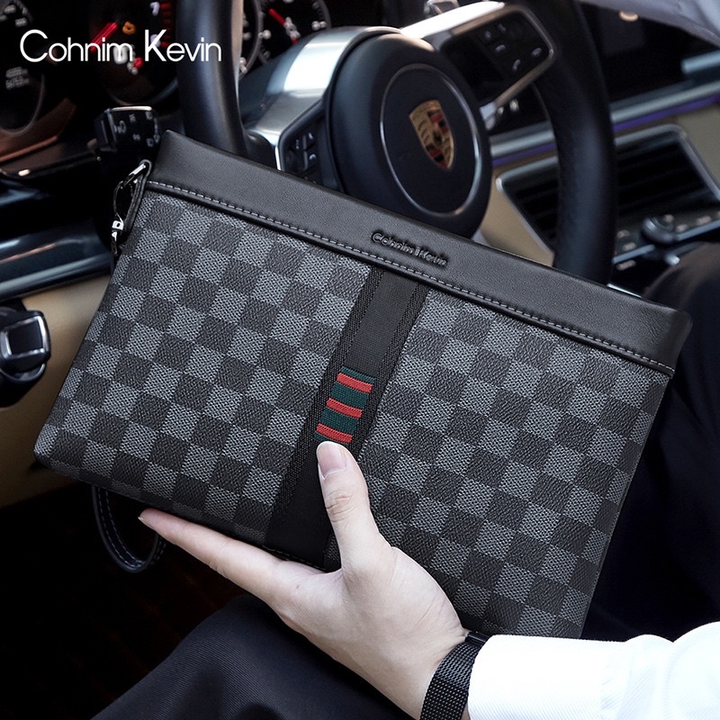 Men's clutch bag leather top layer cowhide mobile phone bag large-capacity  check pattern clutch