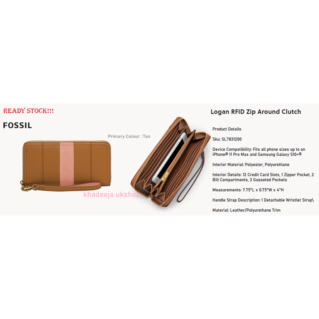 Fossil Logan RFID Zip Around Clutch Tan Shopee Malaysia