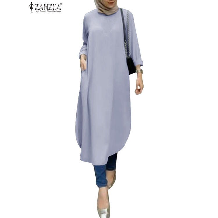 Muslim Solid Tops Women Fashion Muslim Blouse Casual Full Sleeve