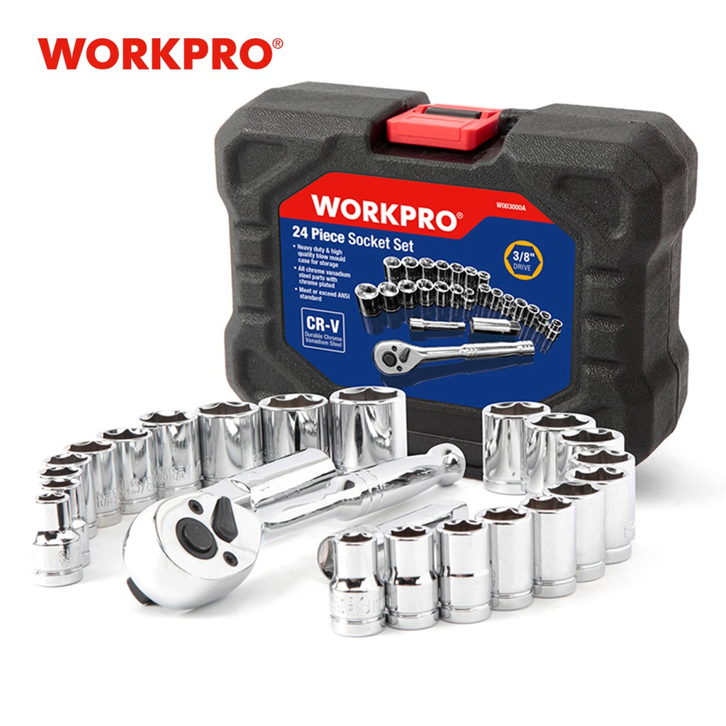 WORKPRO 24PC Socket Set 3/8 Ratchet Drive Sockets Moersleutel, 11 st Metrische & 10st SAE Sockets, Extension Bar Bougie Rachet Set Spanners met Blow Molded Case