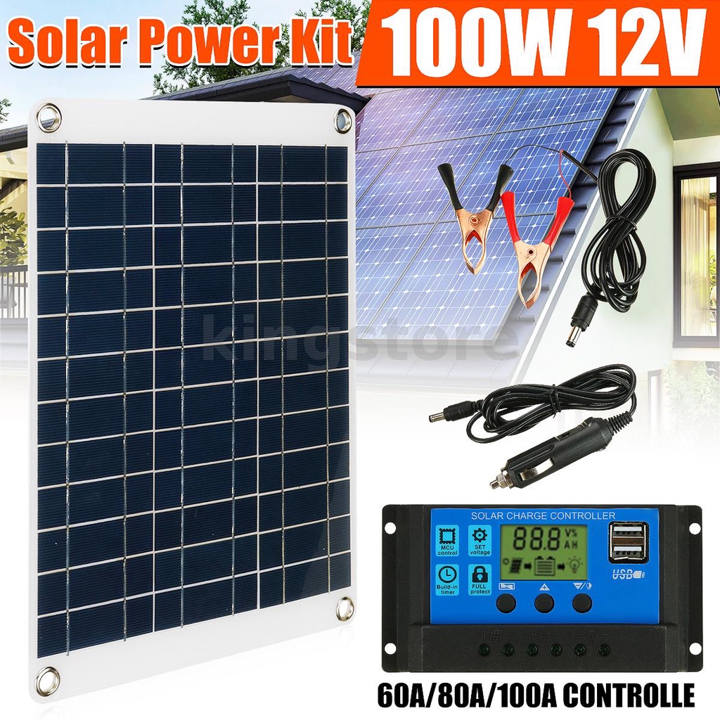 Kingstore 100W 12V/5V Polycrystalline Solar Panel Kit Battery Charger ...