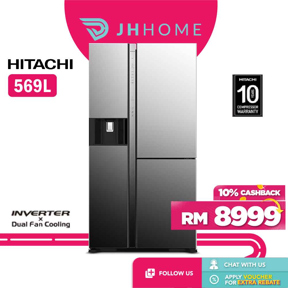 Hitachi Inverter 569L 3 Door Side By Side Deluxe+ Refrigerator R