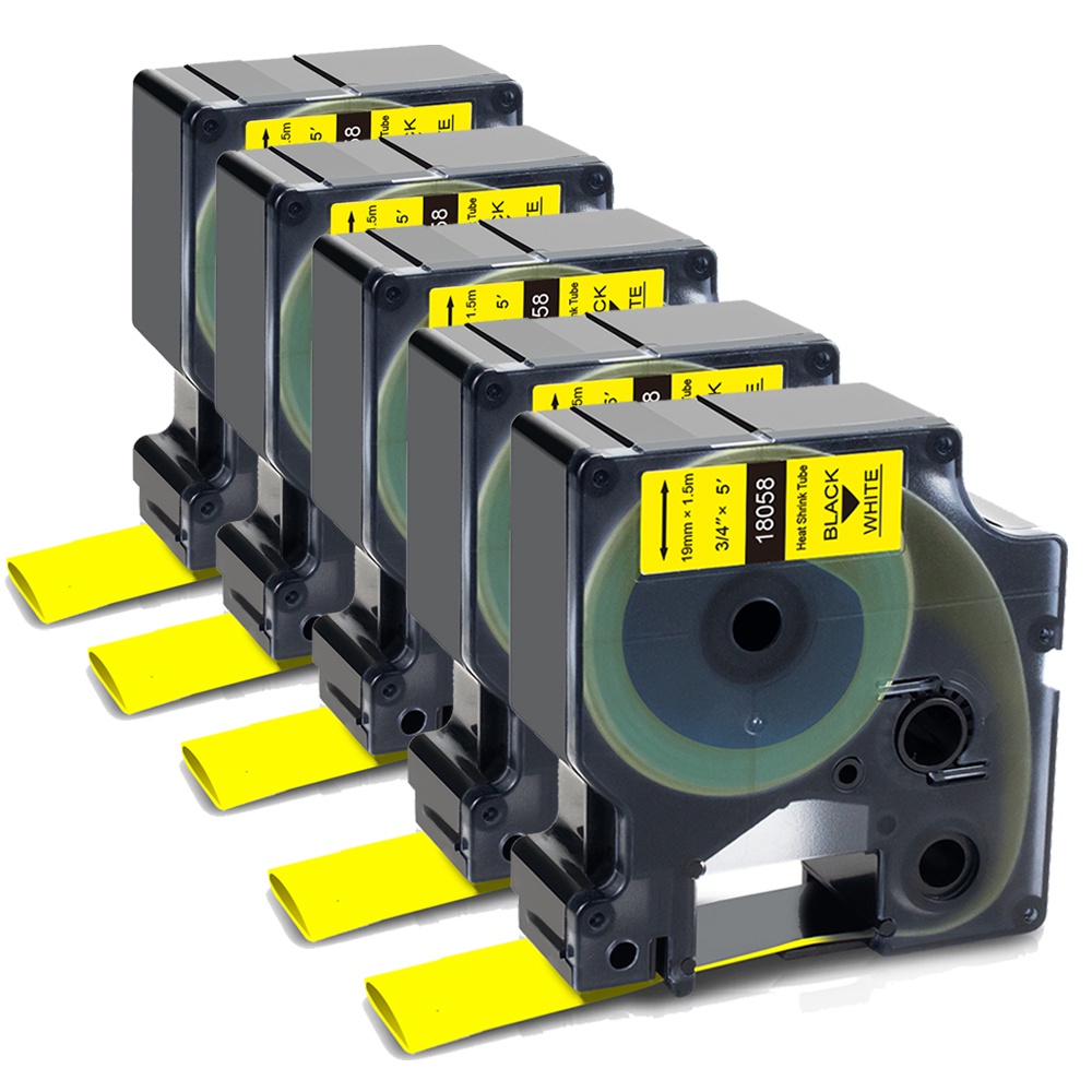 5PK Dymo Compatible Heat Shrink Tube Label Tape 18058 Yellow 19mm*1.5m