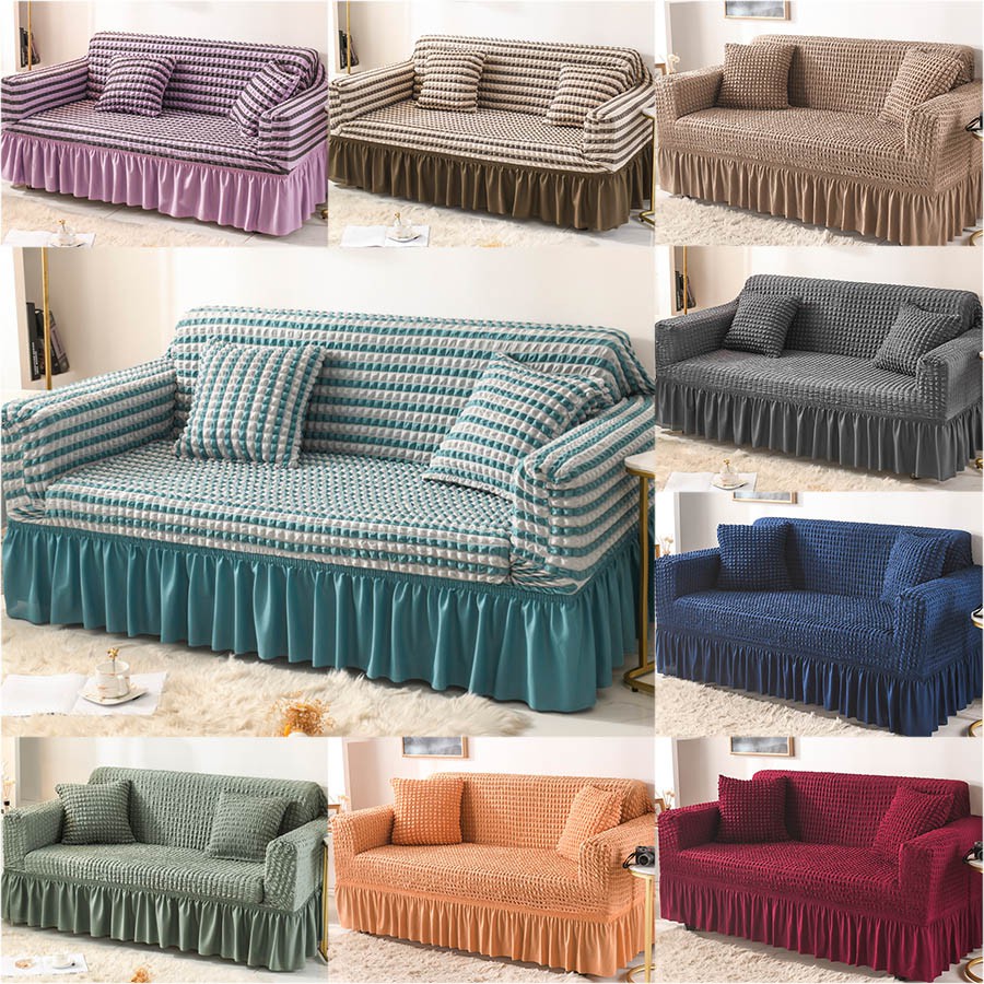 1/2/3/4 Seater Sofa Cover Seersucker Sarung Sofa w/ Skirt Elastic L ...
