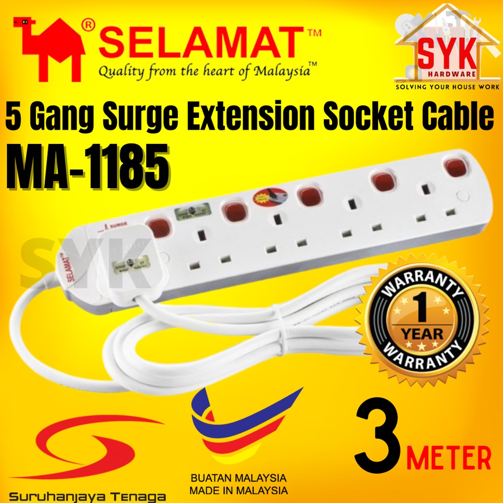 SYK SELAMAT MA-1185 3 Meter 5 Gang Surge Protector Extension Plug Heavy ...