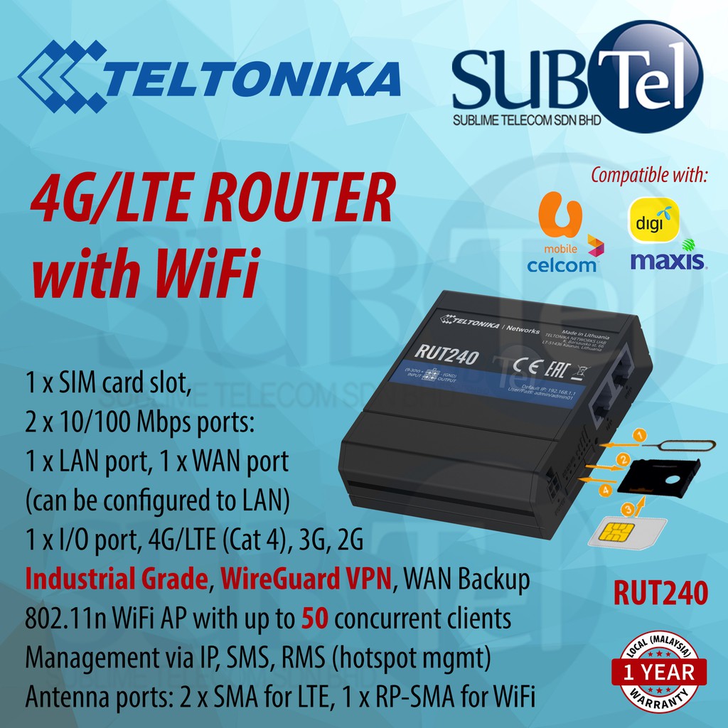 Teltonika RUT240 LTE 4G Router with Single SIM Modem 2 network ports IPSec WireGuard VPN and