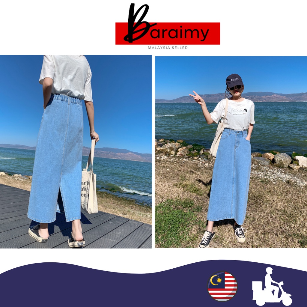 Denim Jeans Long Skirt Women Plus Size High Waist Stretchable Muslimah Long Maxi Ankle Length Jeans Skirt Shopee Malaysia