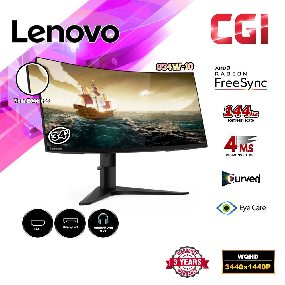 Lenovo 34" G34W10 WQHD VA 144Hz 4ms FreeSync UltraWide Curved Gaming Monitor 66A1GACBMY