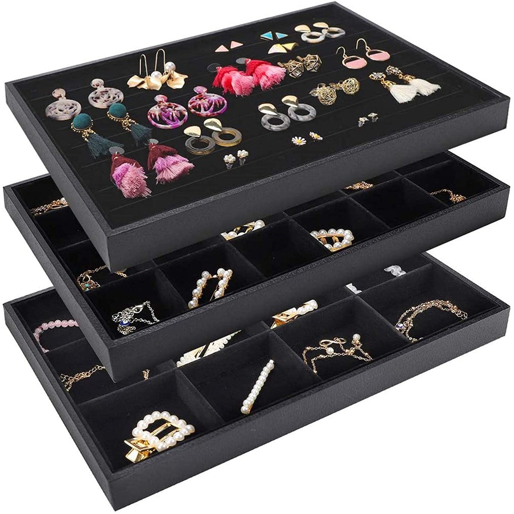 Fashion Gift Black Velvet Stackable Jewelry Organizer Tray Removable ...