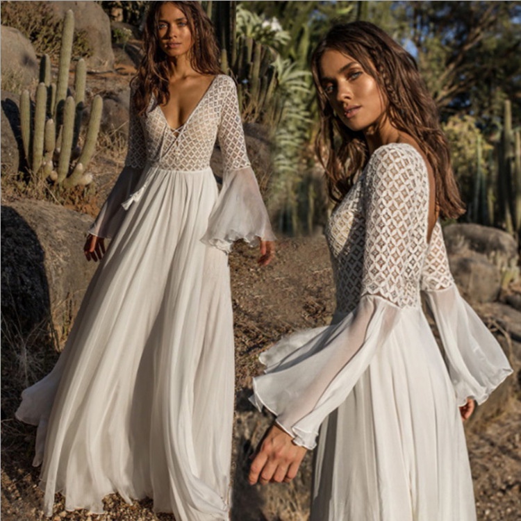 European and American Lace Hollow Horn Sleeve Bohemian White Beach Dress Loose Seaside Sexy Sunscreen Dresses Shopee Malaysia