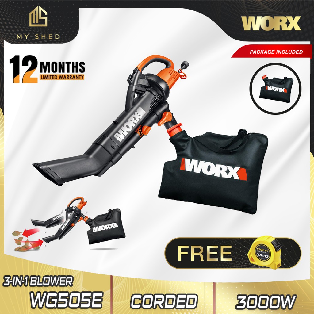 WORX WG505E TRIVAC Blower 3000W Vacuum and Mulcher Corded Garden Leaf