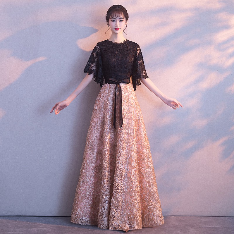 women elegant lace dinner dress round neck maxi evening dress long