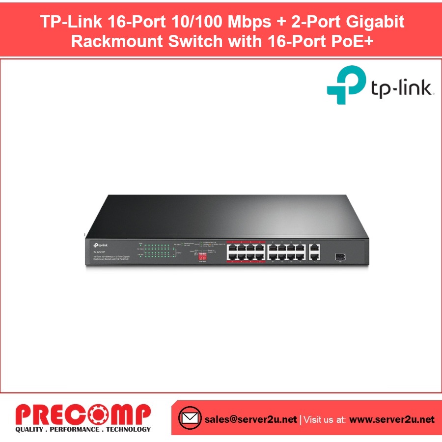 TP-Link 16-Port 10/100 Mbps + 2-Port Gigabit Rackmount Switch with 16 ...