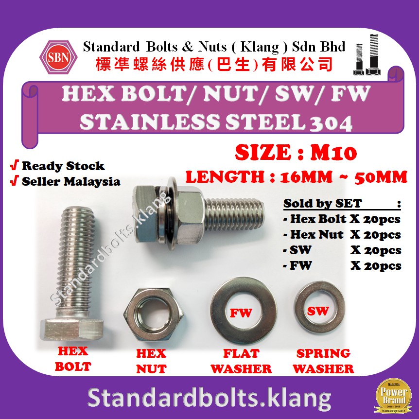 (20SET PER PACK) [SIZE M10 SUS304] Stainless Steel 304 Hex Bolt + Nut