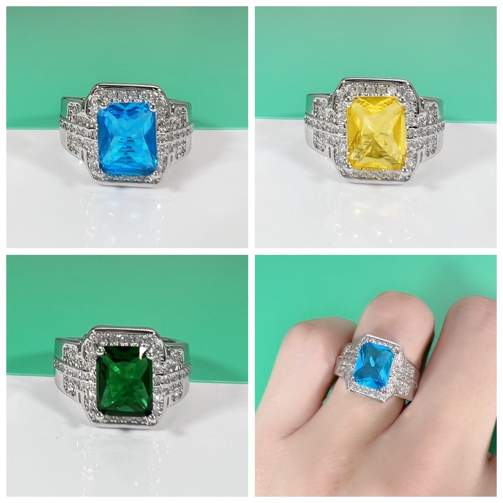 Men's Ring S925 Silver Sapphire, Green Crystal, Yellow Diamond ...