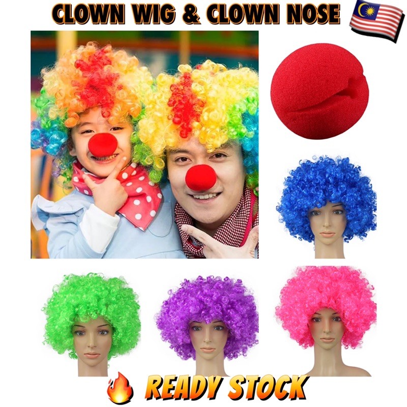 Clown wig and Clown nose. Curly Party Wig ad clown red nose. Rambut