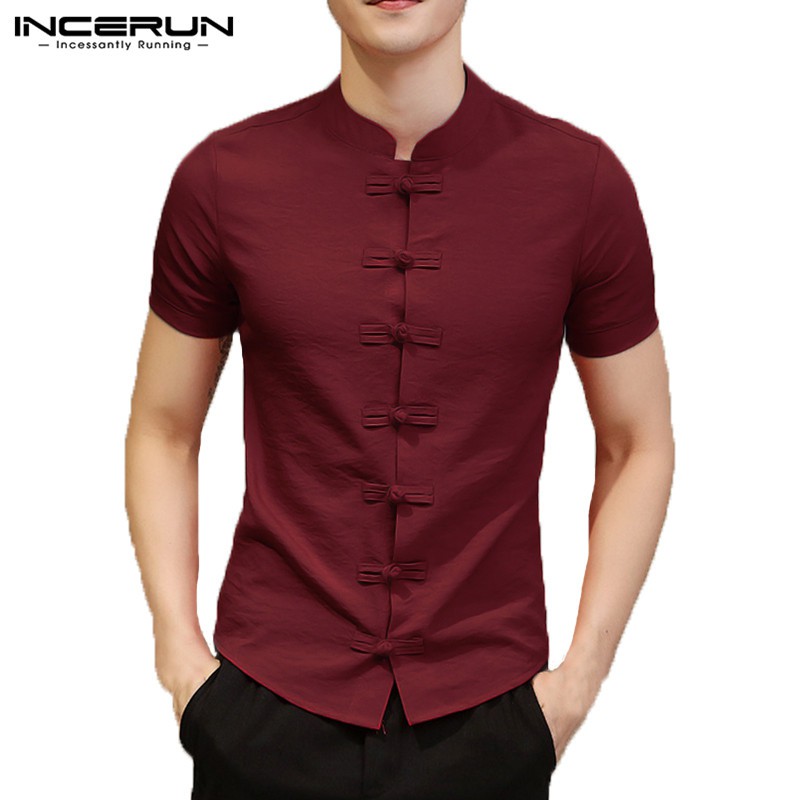 INCERUN Mens Casual Short Sleeve Solid Color Ethnic Loose Shirts ...