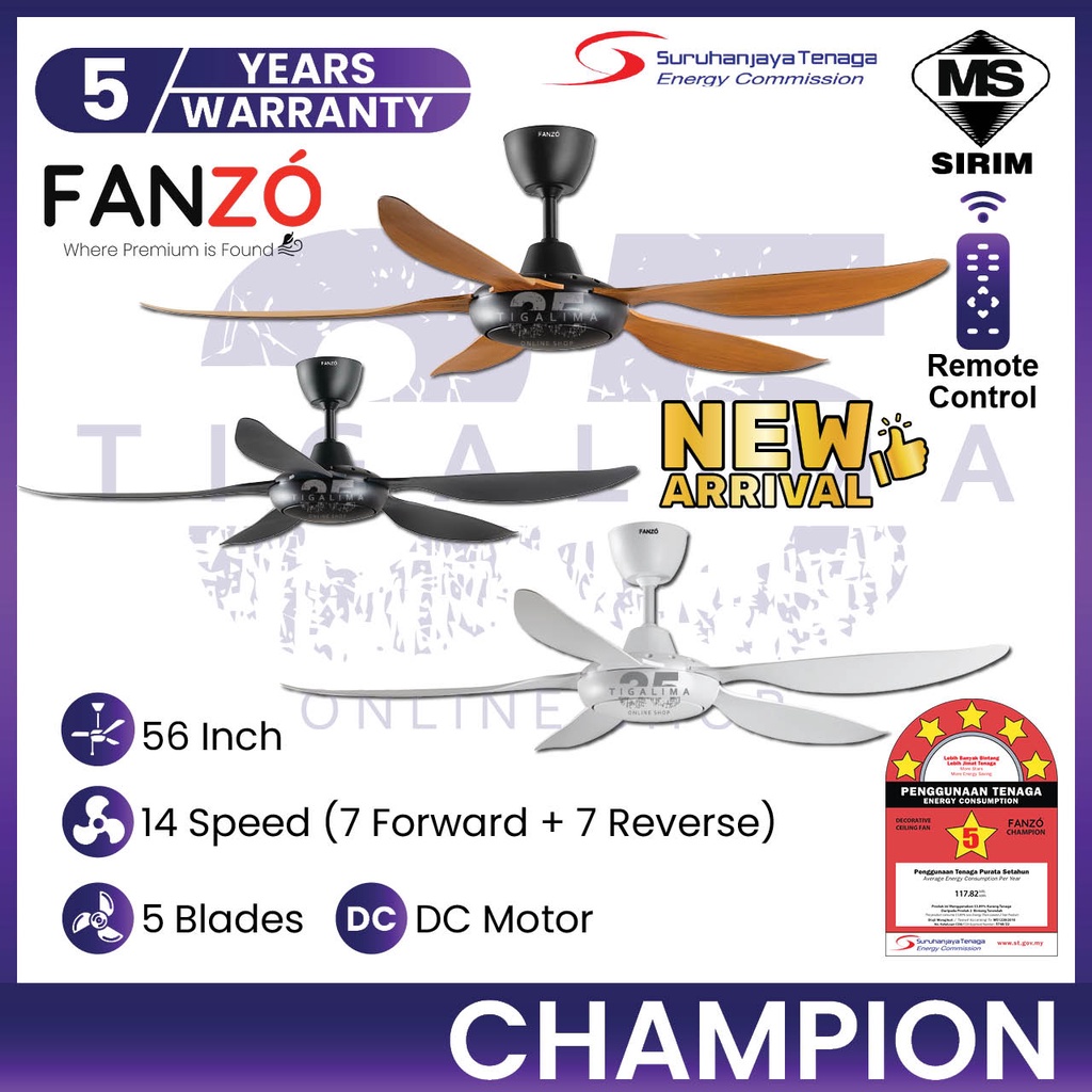 FANZÓ CHAMPION Fan 56Inch 5 Blades 7 Speed DC Motor with Remote Control ...