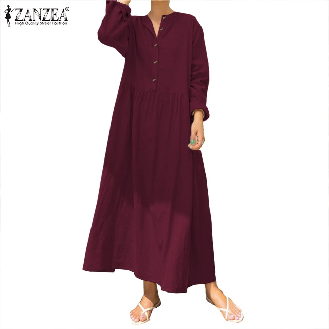 ZANZEA Women Vintage Long Sleeve Casual Ethnic Maxi Dress | Shopee Malaysia