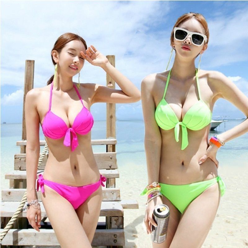 Korea sexy bikini swimsuit women thickened cup small chest gathered split  swimwear female vacation swimming suit