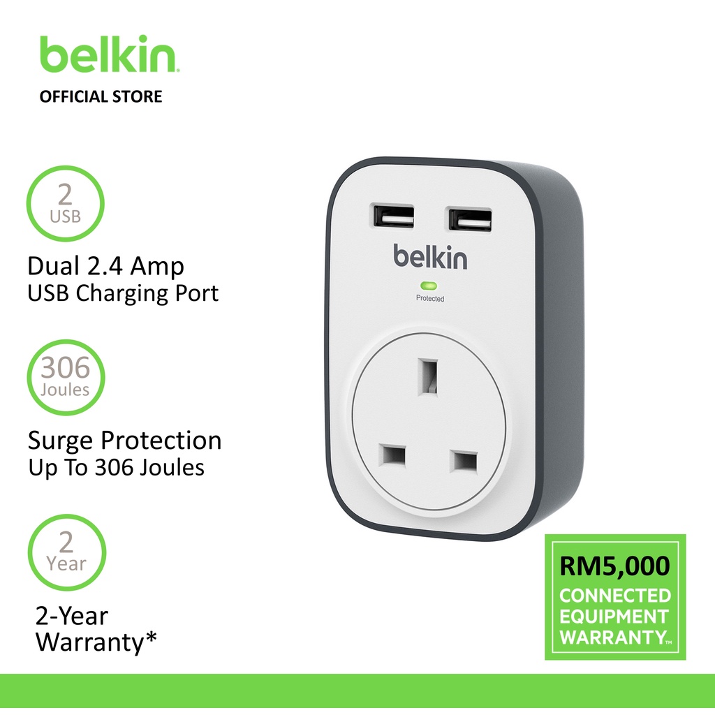 Belkin BSV103sa SurgeCube 1 Outlet Surge Protector With 2 X 2.4A Shared ...