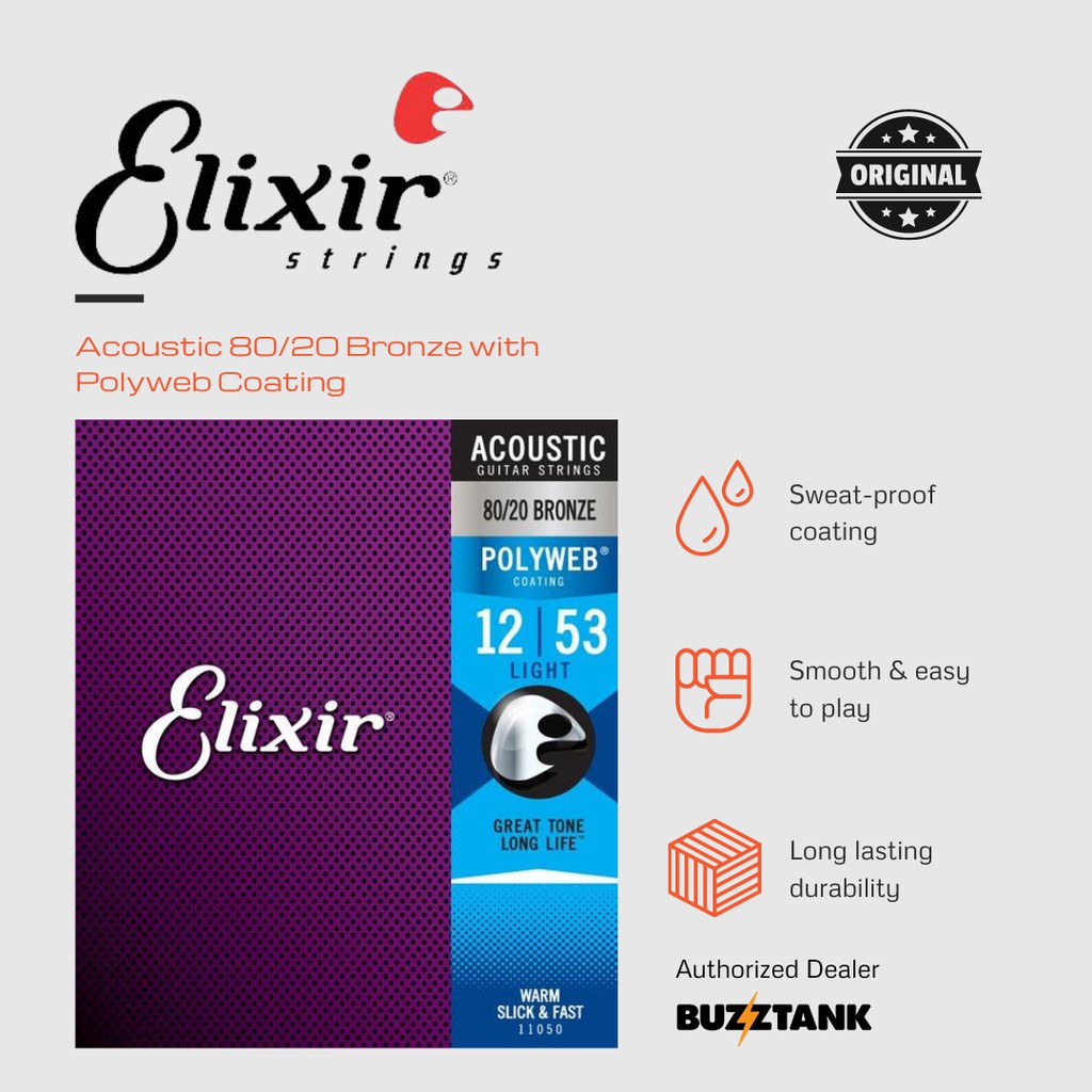 Elixir Polyweb Acoustic Guitar Strings 80 20 Bronze 10 11 12 Gauges 11000 11025 11050 Shopee