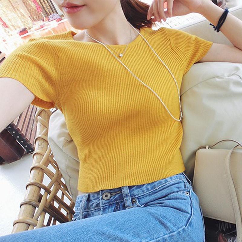 swin Women's O Neck Solid Short Sleeve Knitted Crop Top Shopee Malaysia