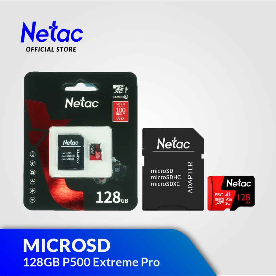 Micro SD 128GB A1-V30 NETAC with Adapter P500 EXTREME PRO CLASS10 ...