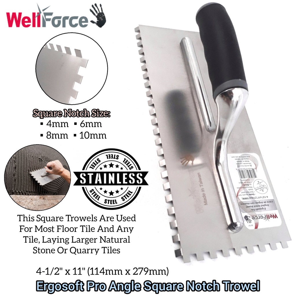 WellForce Stainless Steel Ergosoft Pro Angled Notch Trowel With Square ...