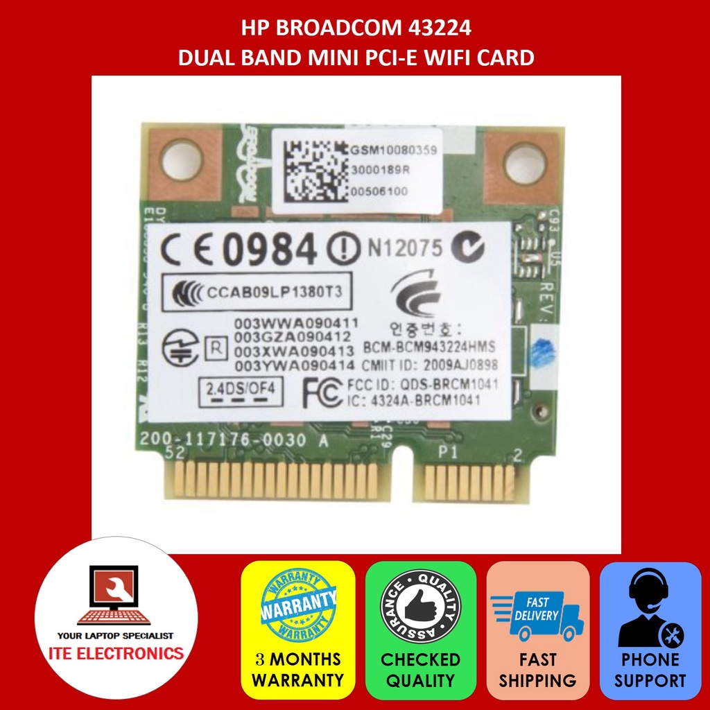 HP BROADCOM BCM943224HMS DUAL BAND 300Mbps WIRELESS MINI PCIE PCI-E ...