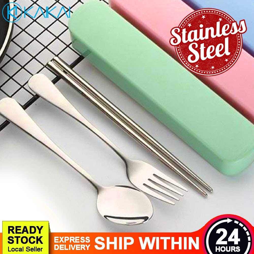 🔥PROMO🔥 3pcs Stainless Steel Dinnerware Spoon Fork Chopsticks Set ...