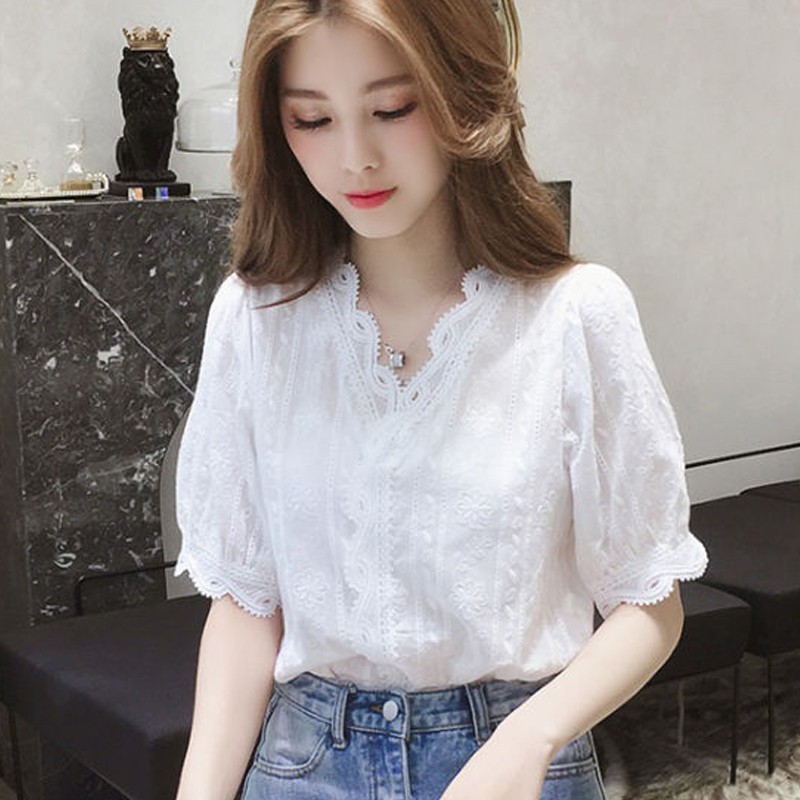 Korean Style Women shirt V-neck Hollow Out White blouse Short Sleeve ...