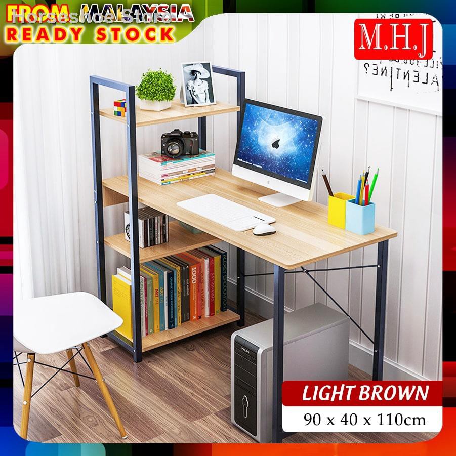 MHJ T90 Modern Computer Study Table With Side Bookshelves Multipurpose ...