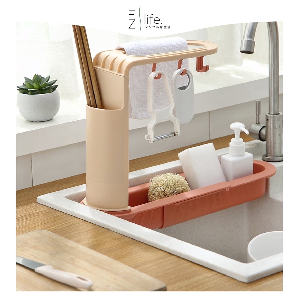 Telescopic Sink Storage Rack, Over Sink Organizer With Towel Hanger And Filter Bucket Extendable Stainless Steel Efficient Adjustable Kitchen Caddy