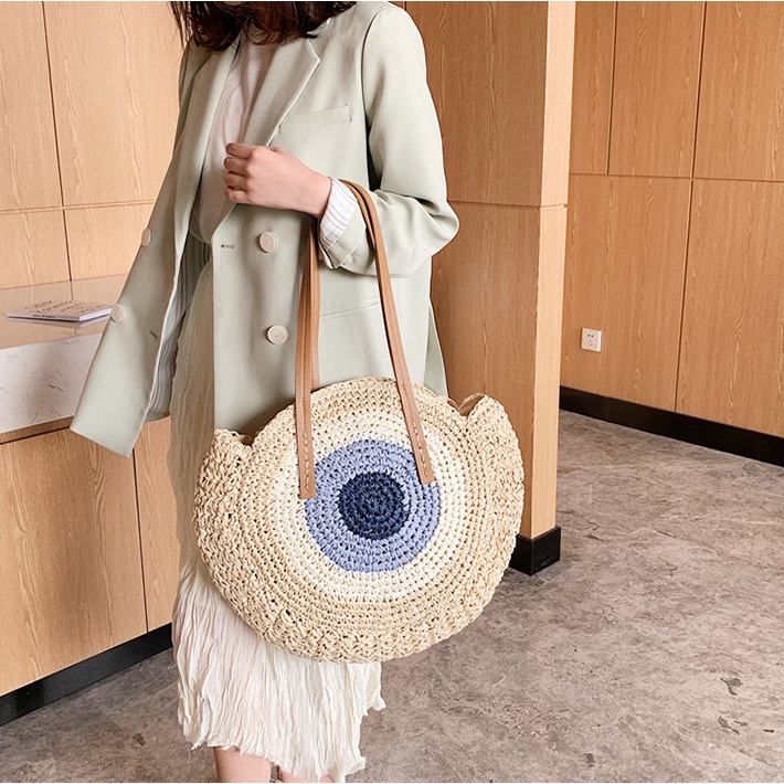 Bohemian style round woven rattan shoulder bag casual handbag large shopping bag Shopee Malaysia