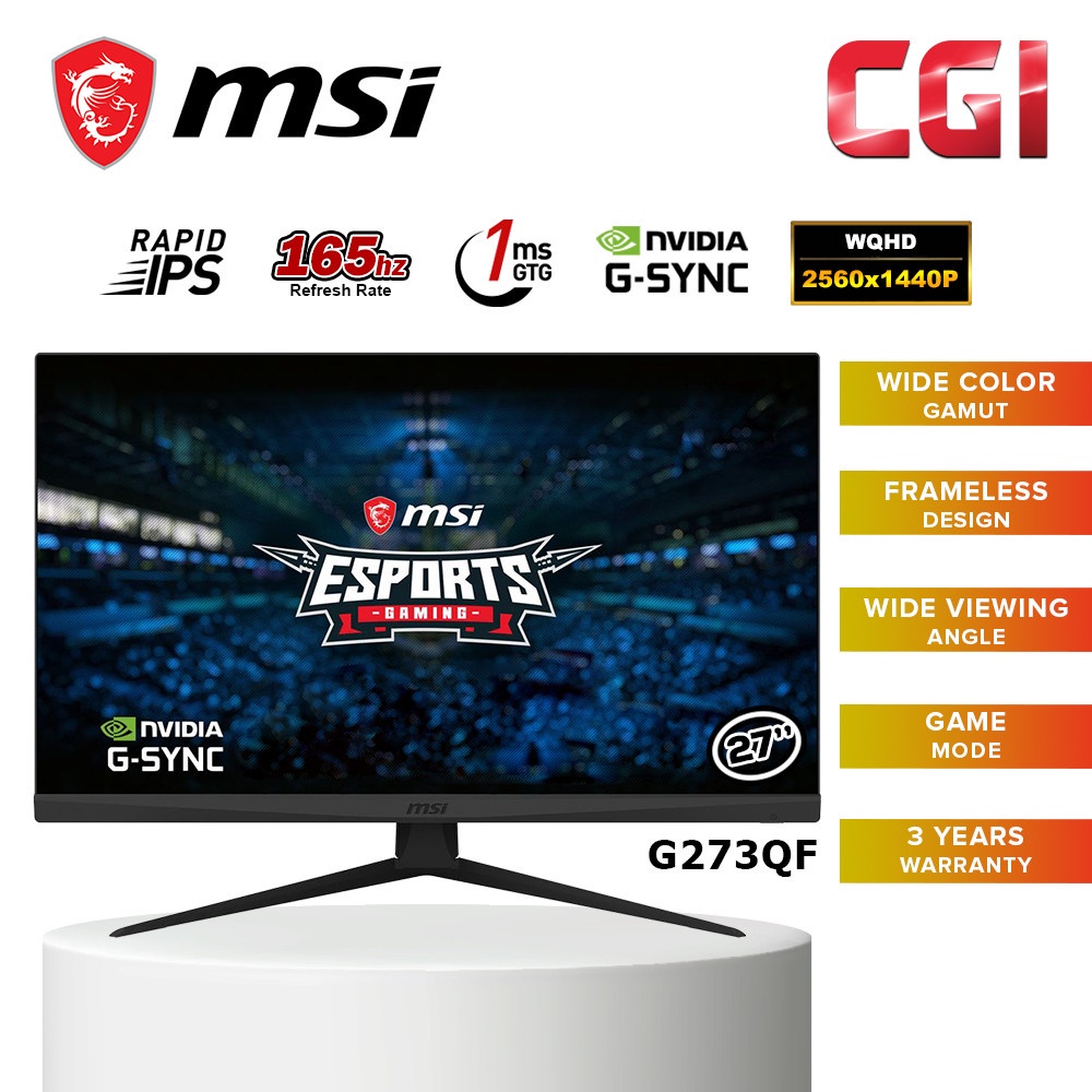MSI Optix G273QF 27" WQHD Rapid IPS Nvidia G-Sync 165Hz 1Ms Gaming ...